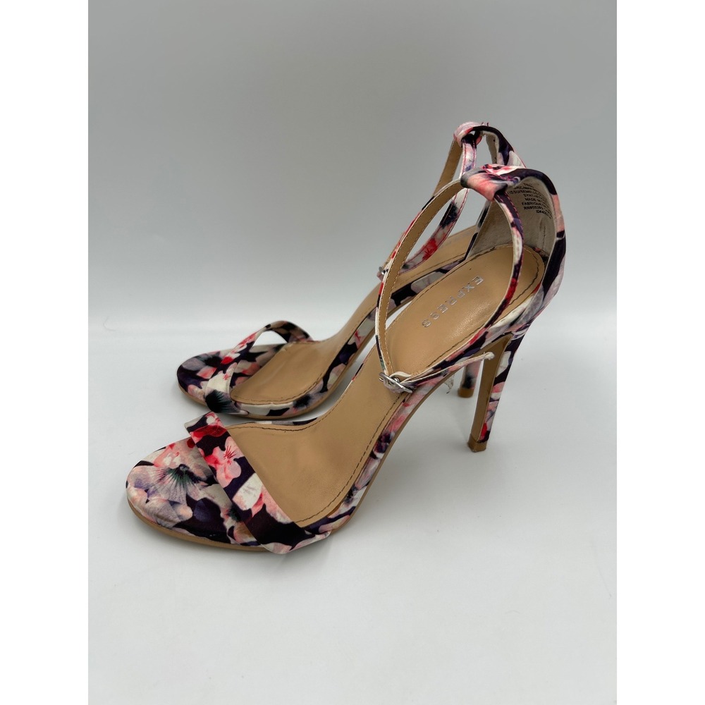 Express Floral Ankle Strap Stiletto Sandals Pink Black White Size 7 Open Toe - Picture 2 of 8